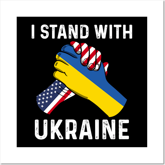 I Stand With Ukraine USA and Ukraine Flags Holding Hands Wall Art by BramCrye